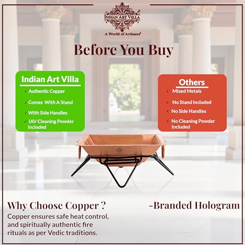Image of Indian Art Villa Pure Copper Hawan Kund with Stand & Side Handles, Traditional Yagya, Hawan & Poojan Kund for Home Mandir, Festivals & Religious Ceremonies, 2.3 x 8.1 Inches