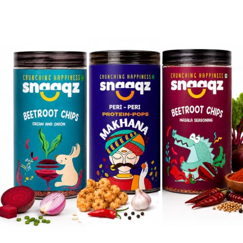 Image of Snaaqz Supergrain Snacks Combo 370g | Beetroot Chips Cream & Onion, Beetroot Masala Chips & Peri Peri Makhana | Pack of 3 | High Protein | Baked & Crunchy | Vegetarian | Low-Calorie | Healthy Snacks for Adults & Kids