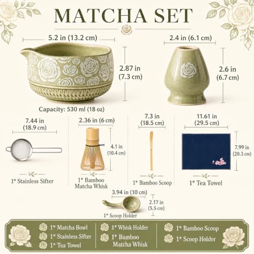 Image of Matcha Whisk Set, 7-Pc Ceramic Matcha Bowl Kit, Bamboo Whisk,(Rose Green)
