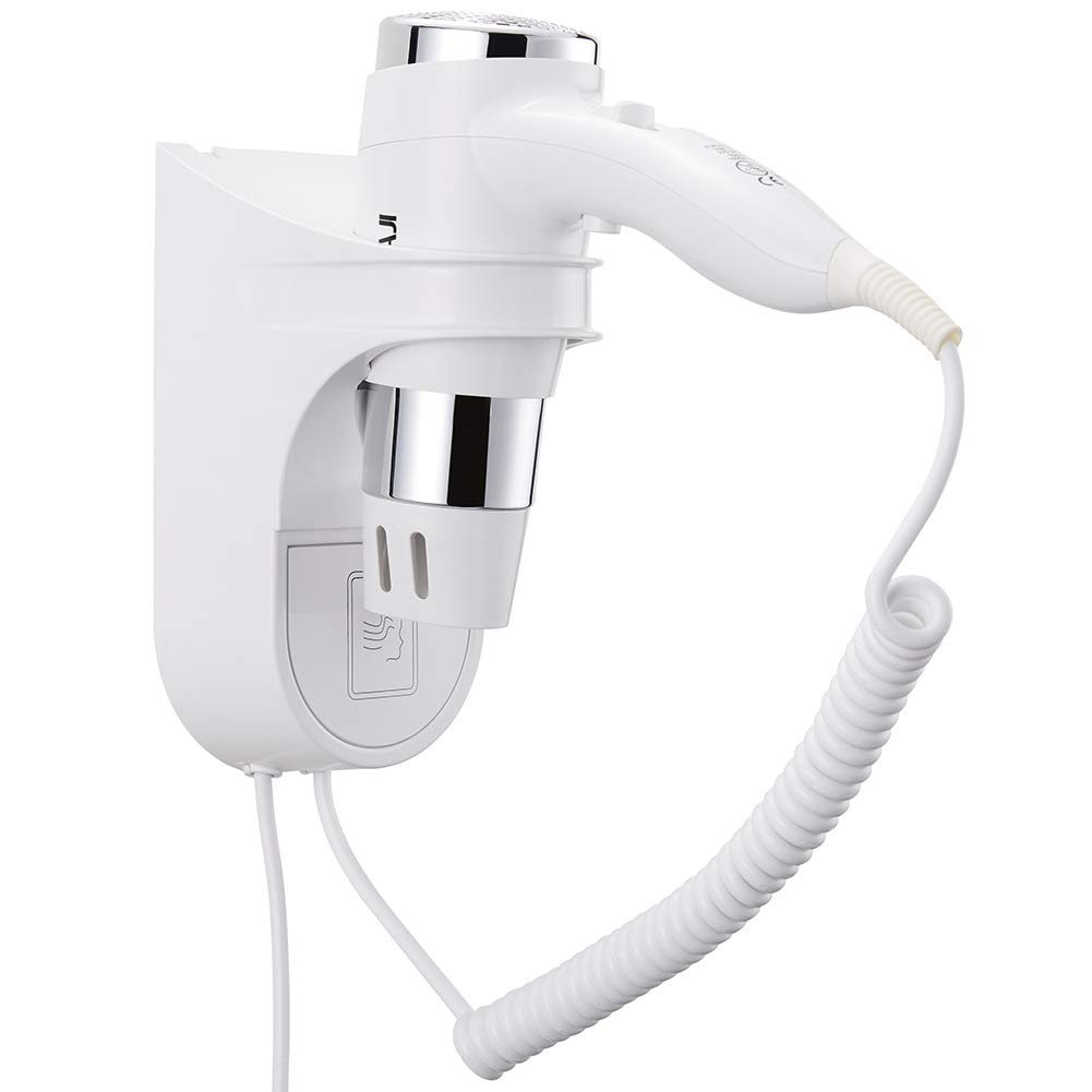 Bakaji Asciugacapelli da Parete Muro Phon Asciuga Capelli Bagno Potenza 1600W 2 velocità selezionabili Colore Bianco e Silver per Casa Hotel con beccuccio