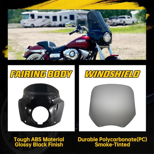 Image of Motorcycle Fairing 5.75 inch Headlight Fairing with 15 inch Motorcycle Windshield 49mm Mounting Hardware for Harley Dyna FXD FXDC Street Bob FXDB Low Rider FXDL FXDLS Super Glide FXDI35(Dark Smoke)