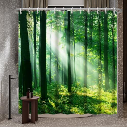 Bovlleetd 71x79inch Forest Shower Curtain Morning Forest Sunlight Bathroom Curtain 3D Printing Forest Scenery Natural Shower Curtain Green Woodland Waterproof Bath Curtain - Image 2