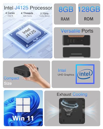 Image of Kayoote Mini Pc Win 10 Pro & Intel J4125, 8GB+128GB Mini Computers, Micro PC Desktop 4K HDMI & VGA Display, Small Gaming Pc with USB3.0 /Dual LAN /WiFi /BT /VESA for Home, Office, Black