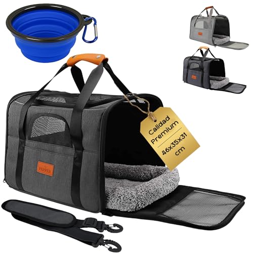 PEPPER® Transportin Perro Gato 46x35x31cm + Bebedero + Cojín Blando + Correa Ajustable Hombro | Transportadora Gato Portátil con Ventilación 360º | Bolsa Transporte Transpirable para Mascotas (Negro)