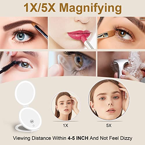 Touchfeel Travel Mirror With Light, Travel Makeup Mirror Double Sided Folding With 5X Magnifying, Rechargeable Led Vanity Mirror With 3 Color Lights And Brightness Adjustable #TOP5