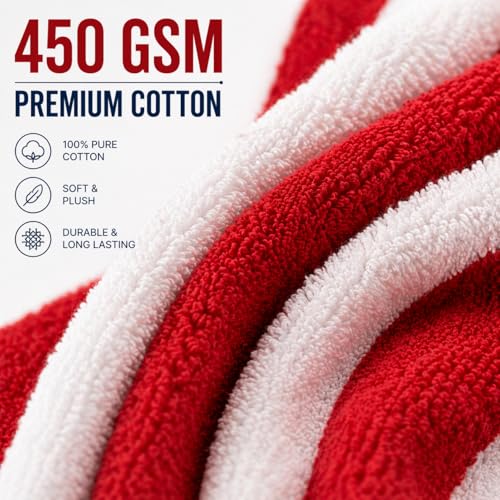 Image of TowelWala Extra Large Cotton Pool & Bath Towel | 180x90 cm | 450 GSM Cotton | Quick Drying & Highly Absorbent | Striped Design for Adults | TW PT RED Pack 2