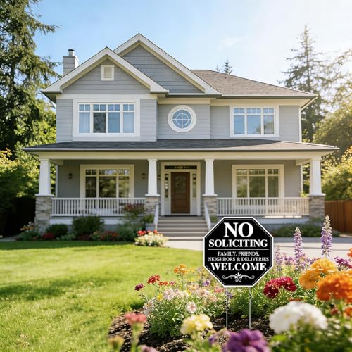 Image of No Soliciting Sign for House, No Soliciting Yard Sign, 2-Pack 10 inchx10 inch Double-Sided Stake Metal Stakes, Outdoor Yard Sign for Home and Front Door, Easy To Install
