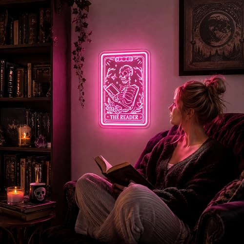 Image of Pink Neon Sign Led Neon Lights Signs for Wall Decor USB Powered Led Signs for Room Decoration-Skeleton Reading Book