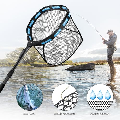 Image of PLUSINNO Fishing Net Fish Floating Landing Net, Kayak Nets with Fixed Foldable Telescopic Pole Handle, Bass Trout Fishing Nets with Nylon Mesh for Pond Lake River, Fishing Gear Gifts for Men Anglers