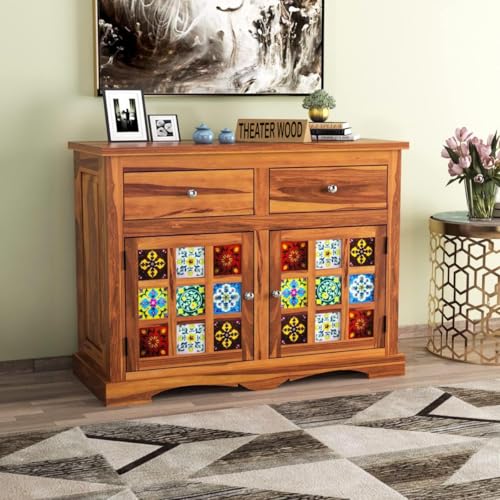 Image of Sheesham Wood Sideboard and Cabinets | Wooden Side Board Small Cabinet with Multicolor Tiles for Living Room | Free Standing Cabinet with 2 Drawers & 2 Door Storage | Natural Finish