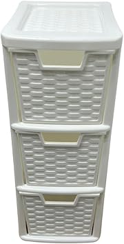 3 Tier Rattan Drawers - Multipurpose Storage Organization, Modular Medium Storage Tower For Home, Office, Garage, White Desktop Drawer, Rattan Effect 48cm Height x 25cm Depth x 19cm Width (1)