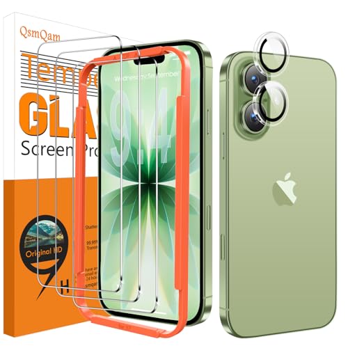 QsmQam 3 Piezas protector pantalla para iPhone 17 6.3' + 1 Pieza Protector de Lente de Cámara, Protector de pantalla de grado militar con dureza 9H+, Marco de Instalación Fácil