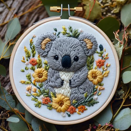 DIY Punch Needle Kits for Beginners Cute Koala and Flowers with Hoop Embroidery Punch Needle Starter Set Easy for Adults and Kids Festival Gift and Decor 20x20cm