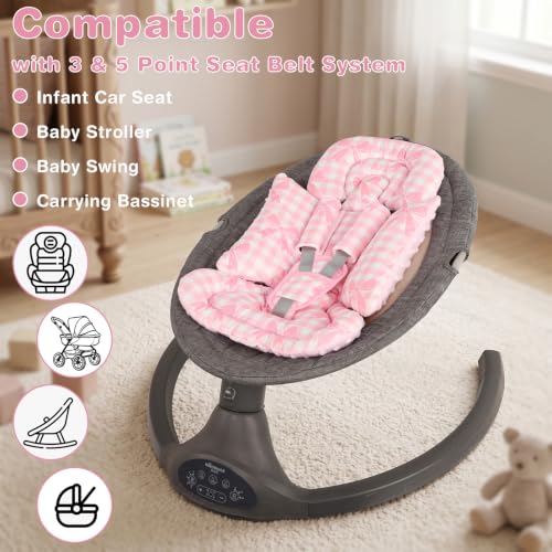 Image of DILIMI Infant Car Seat Insert, Baby Car Seat Head Support with 3 Strap Paddings, Soft Newborn Car Seat Cushion for Stroller, Swing, Bouncers, Pink Bow Plaid