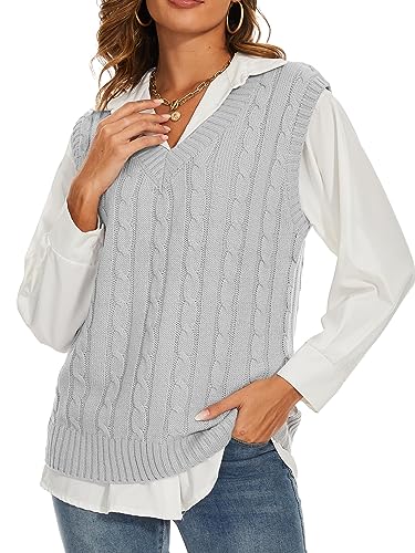 Spicy Sandia Women's V Neck Sweater Vest Oversized Sleeveless Cable-Knit Tops Chunky Loose Casual for Fall Winter