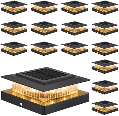 Post Cap Lights 16pack, 4x4 Deck Fence Post Solar Lights Outdoor with Warm White Lighting,Black Waterproof Solar Post Lights for Vinyl/Wood Posts to Decorate Fence, Deck,Garden, Patio