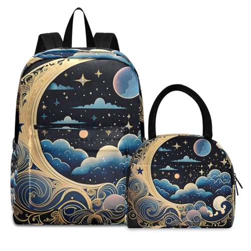 Backpack Lunch Bag Set Blue Cloud Moon Print, Big Storage Travel Backpacks with Insulated Lunch Box for Office Hiking Picnic