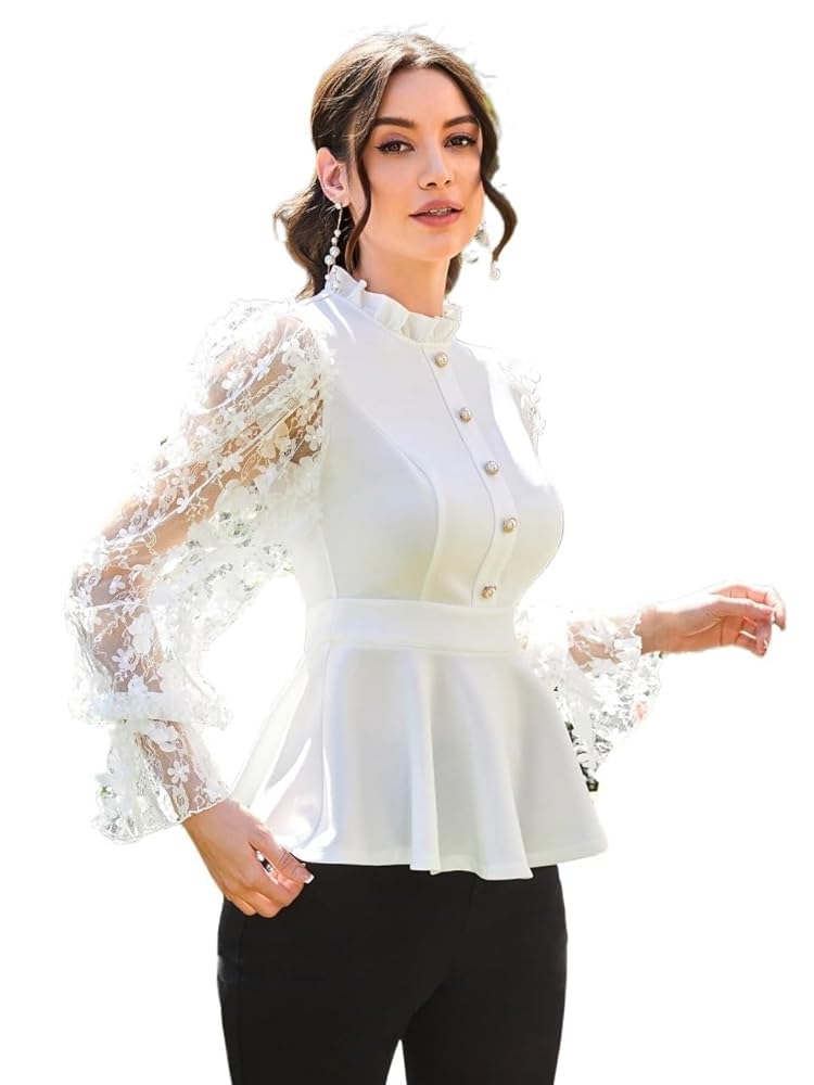 Womens Tops Floral Applique Ruffle Hem Frill Trim Top(White