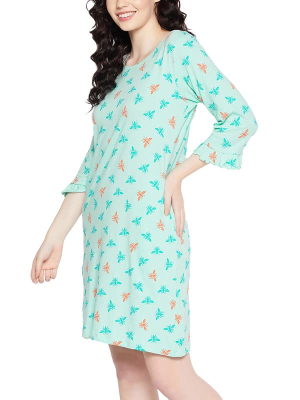 Image of Clovia Women's Cotton Graphic Print Short Nightdress with Pocket in Blue