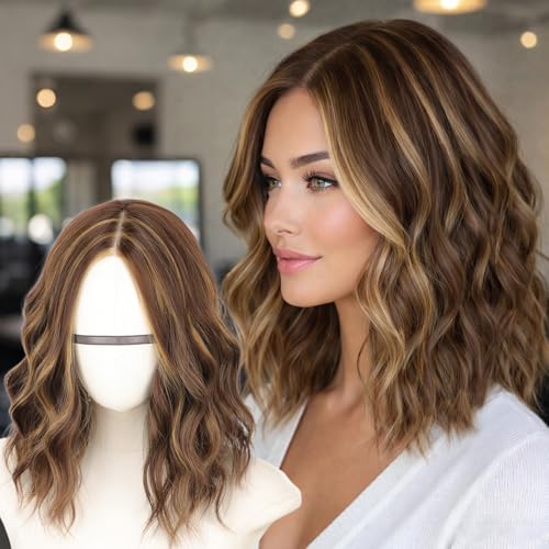 AISI HAIR 14 Inch Chestnut Brown with Golden Blonde Highlights