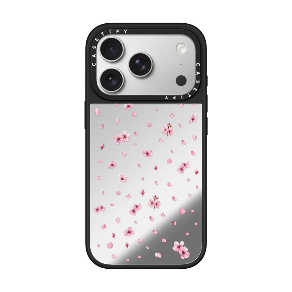 CASETiFY Funda Mirror para iPhone 17 Pro [reflectante/ajustado/compatible con Magsafe] - Pressed Sakura - Plata sobre negro | Reflectante | Protección contra caídas de 5 pies | Sakura prensado | Plata sobre negro