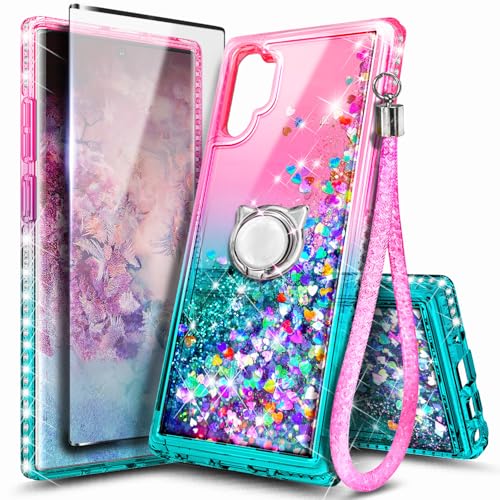 NGB Designed for Samsung Galaxy Note 10 Case, Pink/Aqua | Glitter Liquid Sparkle Cute Cover for Women Girls Kids | with Screen Protector & Ring Holder & Wrist Strap Lanyard