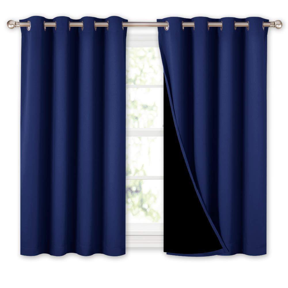 NICETOWN 100% Blackout Curtains with Black Liners, Thermal Insulated 2-Layer Lined Drapes, Energy Efficiency Small Window Draperies for Dining Room (Royal Blue, 2 Panels, 52 inches W by 45 inches L)