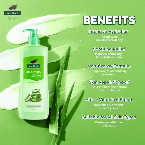 Image of Pure Roots Body Lotion Aloe Vera 400ml - Pack of 2 - Moisture Nourishing Lotion for All Skin Types, Fast Absorbing, Non-Sticky, Instant Hydration in Summer for Men & Women Soothing Skincare