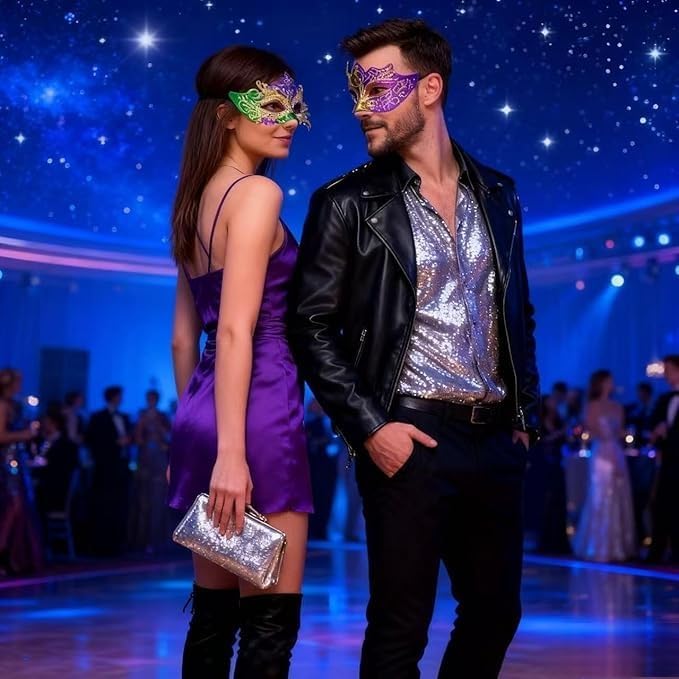 Masquerade Masks For Couples, Venetian Style Masks For Mardi Gras Decorations, Women & Men Masks For Costume Party, Prom & Carnival (Green Purple) - Image 9