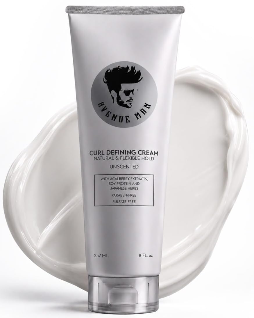 Avenue Man Curl Defining Cream - Unscented Extra Firm Defining Curl Cream for Men with Keratin, Acai & Herbal Extracts - Humidity Resistant, Lightweight Texture - Curly Hair Products for Men