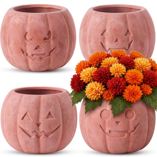 4 Pack Fall Terracotta Pumpkin Planter Jack-o'-lantern Pots Decor | Thanksgiving Mini Pumpkin Flower Vases, Fall Devil Small Pumpkin Terracotta Planter, Home Porch Front Door Mantel Room