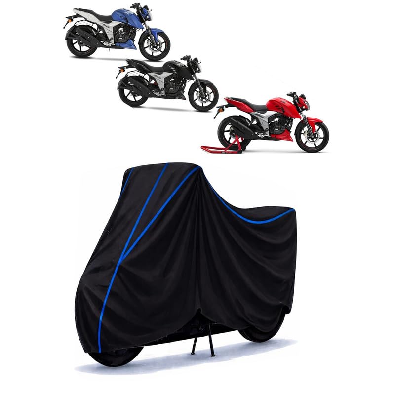 Image of TVS Apache Bike Cover Water Resistant Universal Motorcycle Rain | Heavy Duty UV Protection, Dust, Scratch Indoor Outdoor All Weather with Black Blue Piping Elastic