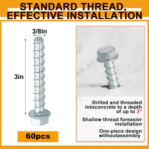 Hicarer 60 Pack 3/8 x 3 Inch Concrete Screws Galvanized for Anchoring by Hicarer - Used condition - Image 2