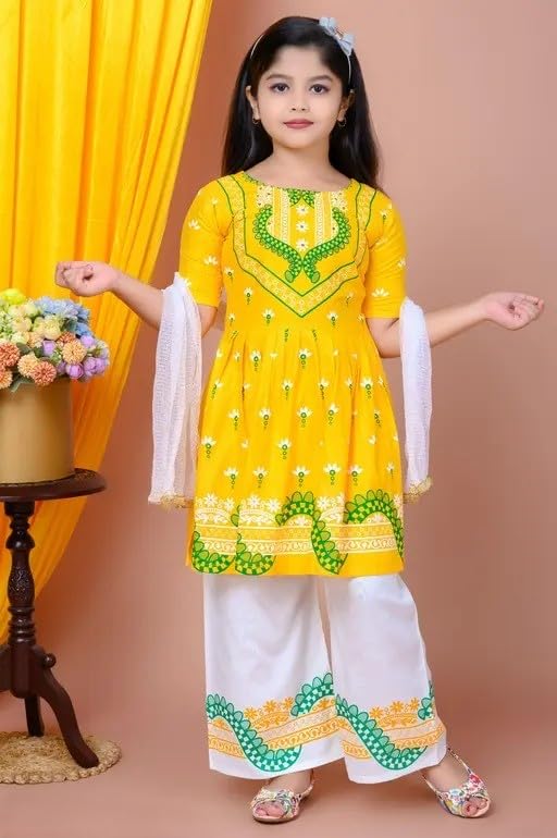 Image of Girls' Traditional Printed Kurti with Palazzo and Dupatta Set, Pink and White, Floral Design