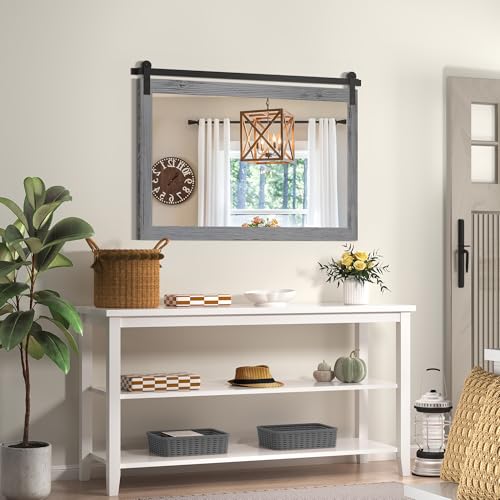 Image of COGOOD Farmhouse Bathroom Mirror - 49 x 30 Large Rectangle Barn Door Mirror for Vanity, Bedroom, Living Room Wall Decor (Grey)