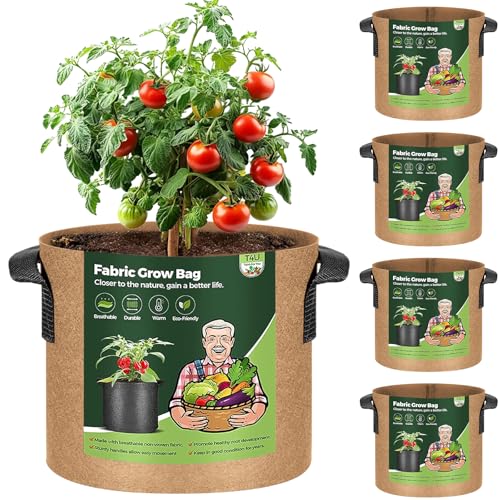 T4U 不織布プランター 布鉢 持ち手付き 7ガロン 5個セット 不織布ポット フェルト 栽培袋 厚手 植え袋 植物育成 花栽培 野菜栽培 園芸 根域制限 茶色