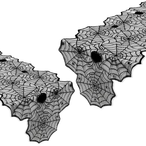 DTOFOOT 2Pcs Halloween Table Runner, 45 x 183 cm Lace Creepy Cover Spider Web Table Runner for Kitchen Table Centerpiece Decorations Halloween Party Dinner Supplies