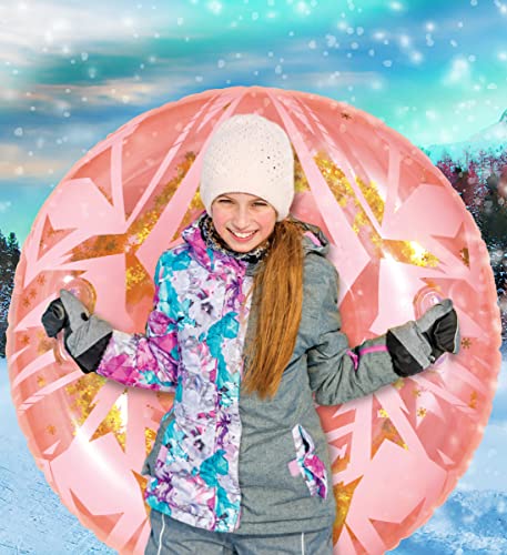 Poza Inflatable Rose Gold Snow Tube For Sledding - Big Luxurious Snow Sled Tube With Handles And Gold Snowflakes Confetti, Premium Cold Resistant Heavy Duty Pvc Tube Sled For Adults And Kids - 41 Inch #TOP6
