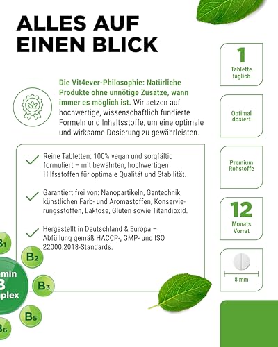 vit4ever Vitamin B Komplex - 365 Tabletten - 12 Monatsvorrat - Alle 8 B-Vitamine in 1 Tablette - Vitamin B1, B2, B3, B5, B6, B12, Biotin & Folsäure - Vegan