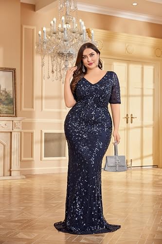 Glitter Sequin Long Formal Dress for Women Prom Dress 2024 Short Sleeves V-Neck Navy Blue3