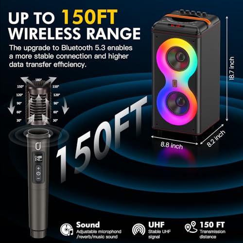 Image of JYX 240W Trolley Party Speaker, 12 Hours Playtime with 2 UHF Wireless Mics, Bluetooth v5.3, Karaoke Party Box, TWS, 6.35mm Guitar Mic Inputs & AUX USB Type-C Port, RGB LED Lights (Black)