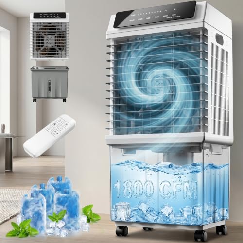 AKIRES 1800CFM Swamp Cooler,Evaporative Air Cooler with Remote Control,Air Cooler with 4-Gal Water Tank,120°Oscillation,4 Ice Packs,12H Timer,Cooling Fans for Outdoor,Indoor Use,Grey