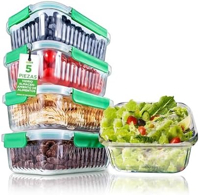 NutriChef  tuppers de cristal herméticos con orificio de aire, 5 ...
