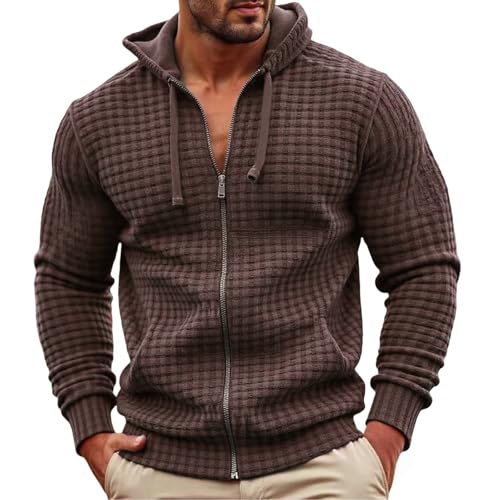 Mens Waffle Hoodie Sweatshirt Full Zip Casual Lightweight Loose Fit Hooded Jacket Drawstring Muscle Workout Sweatshirt