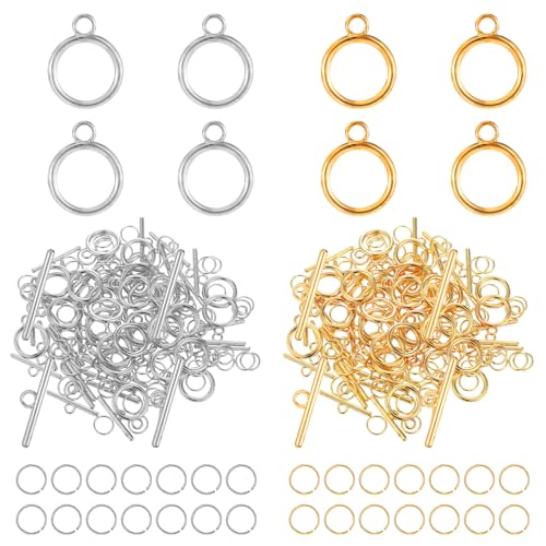 260 PCS Toggle Clasps for Jewelry Making Clasps for Bracelets Include 60 Pairs Toggle Clasp Connectors Metal Bar and Ring Closures with 200 Open Jump Rings for DIY Bracelet Necklace Gold Silver 30 Set