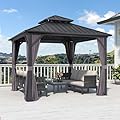 PURPLE LEAF 10' X 10' Hardtop Gazebo Permanent Gazebo with Galvanized Steel Double Roof for Patio Lawn Garden Aluminum Gazebo with Netting and Curtains Grey