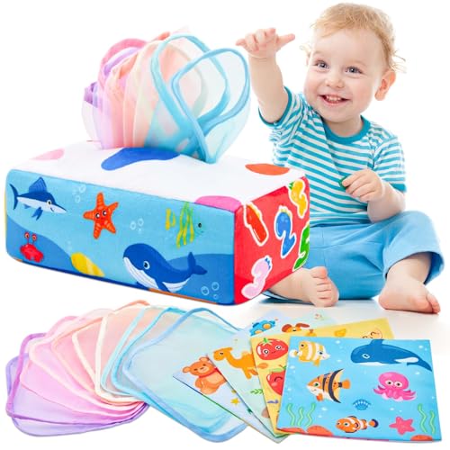 Image of Baby Tissue Box Toy Montessori Baby Toys for Infant 0 1 2 3 4 5 6 7 8 9 Months Sensory and Crinkle Tissue Box Toy for Boys&Girls Toddler Early Learning Gifts