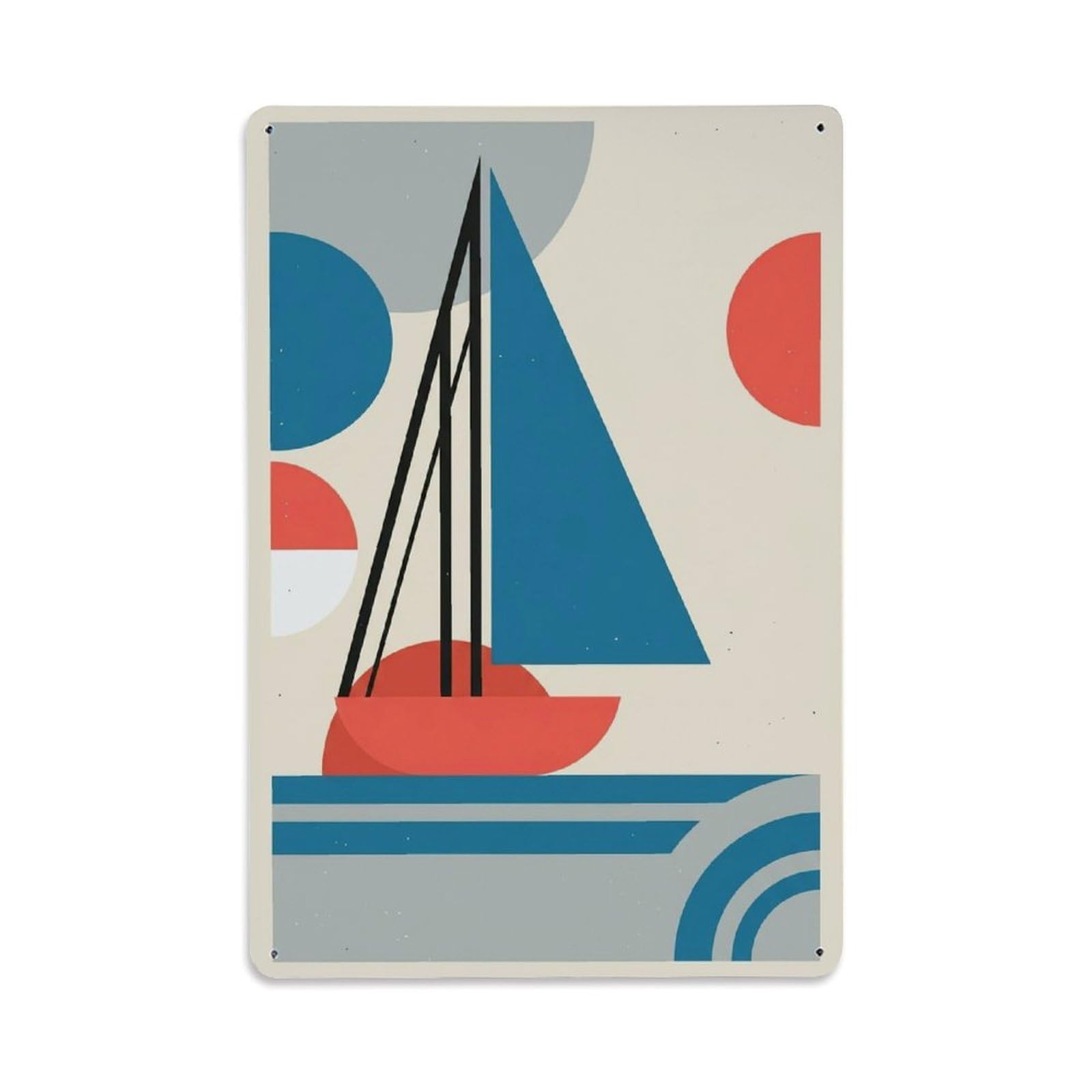 Seaside Sailboat Vertical Shape Layout Modern Blocks Metal Tin Sign Plaque Wall Decor for Cafe, Man Cave, Club Bar, Office, Home Garden Round Metal Poster 8x12Inch
