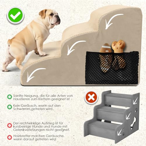 Thihome Hundetreppe 3 Stufen, Rutschfestem Hunderampe, Tragbar Haustiertreppe mit Abnehmbarem & Waschbarem Bezug, Hochdichtem Schwamm Hunde Treppe Katzentreppe für Bett und Sofa, 60x40x40cm