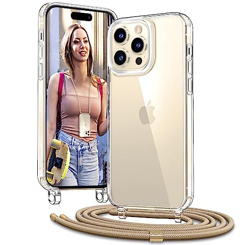 Vaykwo Handykette mit Band für Apple iPhone 14 Pro Hülle - Necklace Handyhülle - Transparente Case zum Umhängen mit Kameraschutz und Bildschirmschutz - Golden